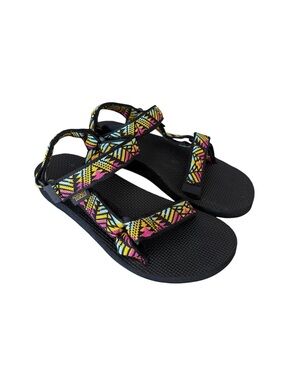 Teva Black Sandals with Yellow Pink & Teal Aztec Straps Summer Beach Shoes W7